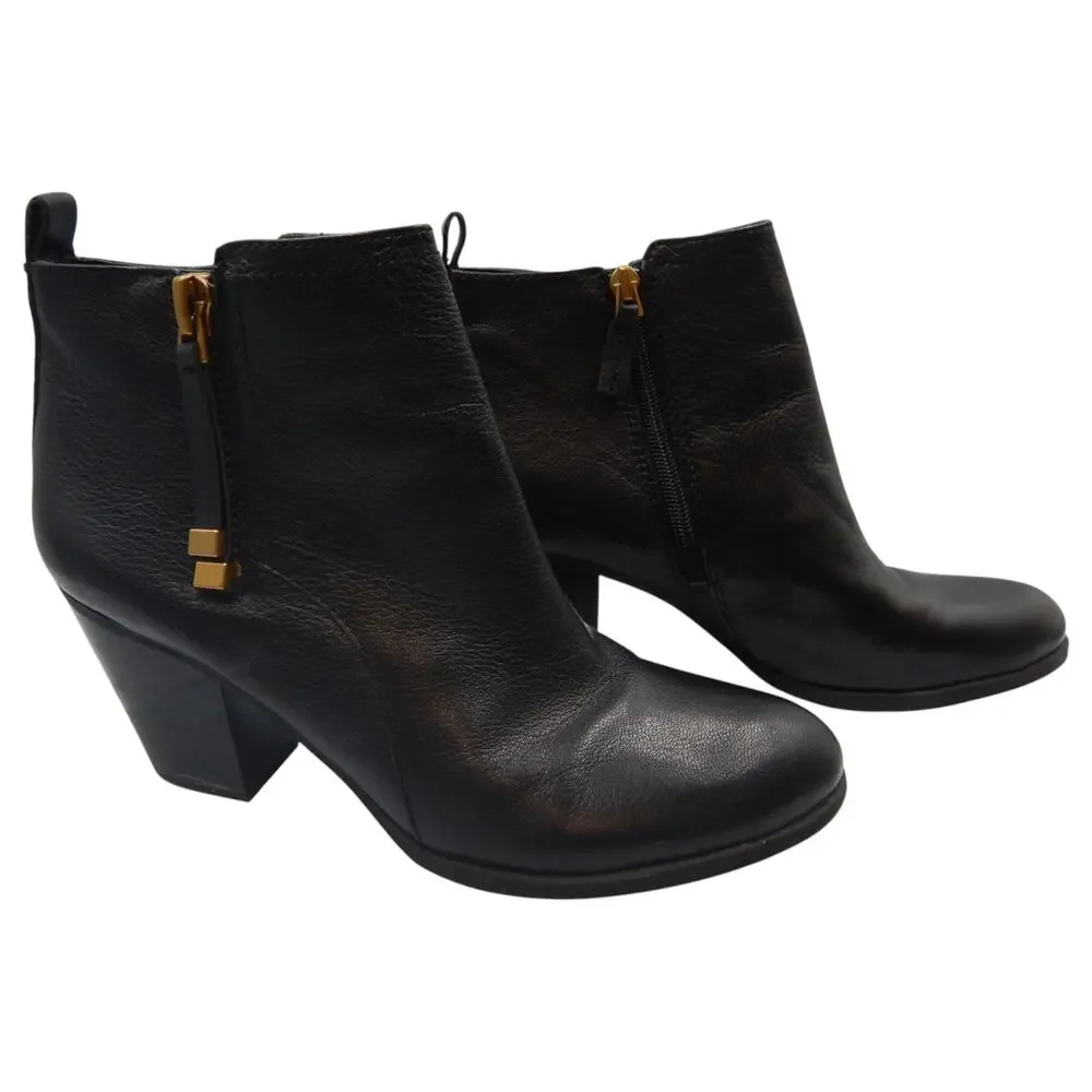 Franco Sarto Diana Leather Dual Side Zip Heeled Ankle Boots Black Size 9.5M